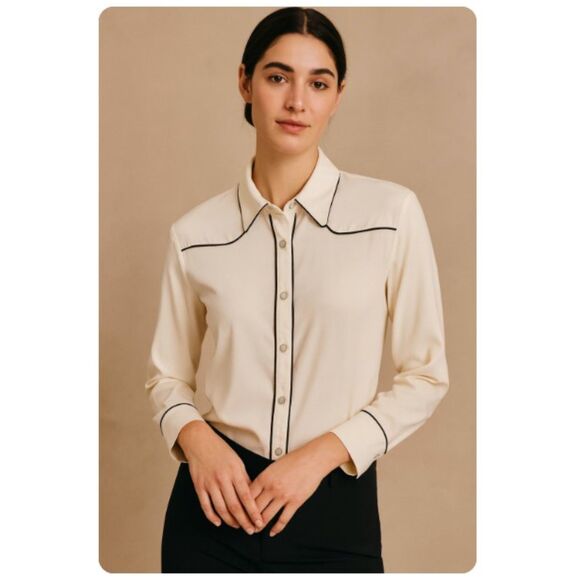 Indies Pearl Snap Shirt Western Ivory Collared Black Trim Womens Size 38 US S - Picture 1 of 9